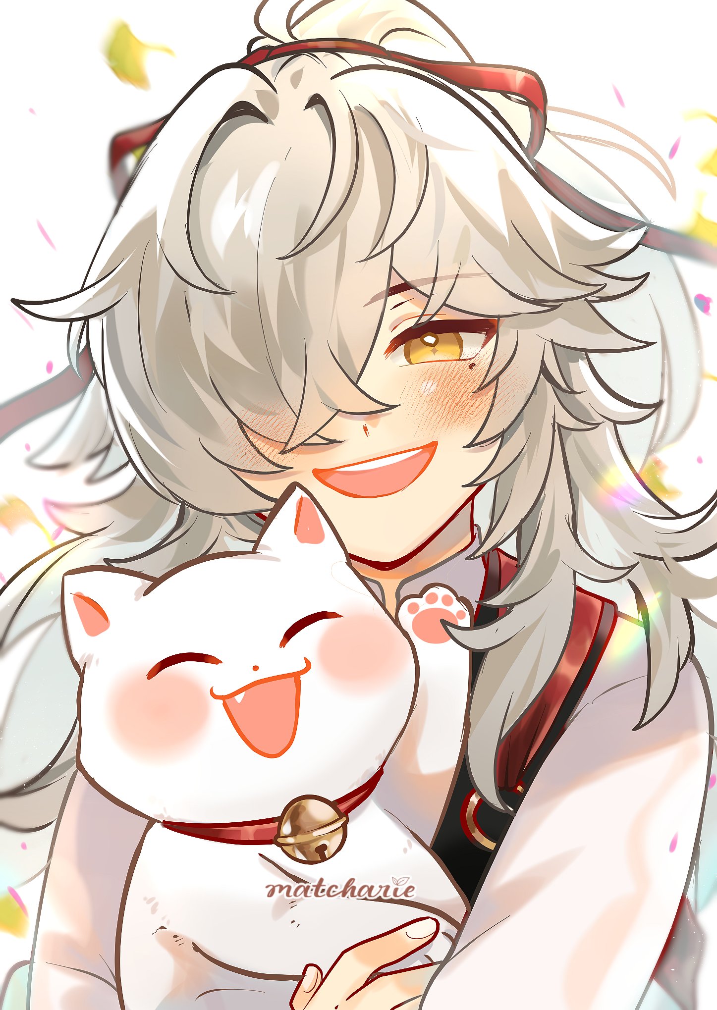 this is an illustration of a young girl with long white hair. she has a cute white cat in her arms and both the girl and the cat are smiling. they look very happy and are embracing each other. the girl has a red ribbon in her hair. they look like they are enjoying each other's company and are very much in love.