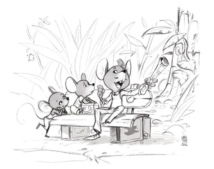 the image is a black and white sketch of three anthropomorphic mice in an outdoor setting, likely a forest. the central mouse, wearing clothes and shoes, is seated on a boxlike bench and holding a scroll or paper in one hand and a monocle in the other. it appears to be telling a story or performing for the other two mice. the two other mice are seated on a similar bench and appear to be listening attentively. in the background, there are detailed drawings of plants, grass, and other natural elements. a butterfly is flying in the distance. the overall style is reminiscent of a children's book illustration.