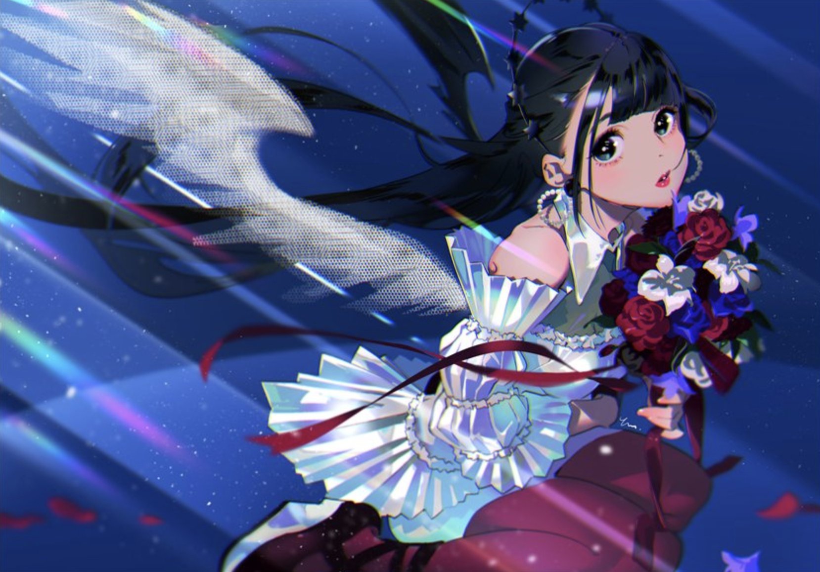 the image features a young woman, drawn in an anime style, with flowing black hair and angel wings. she's wearing a beautiful white dress with intricate detailing and sheer sleeves.  she holds a vibrant bouquet of red, white, and blue flowers.  her expression is one of joyful surprise. she appears to be flying through a dark blue night sky illuminated by streaks of light and scattered stars. the overall feeling of the image is dreamy and magical.