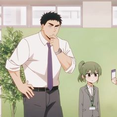 the image shows an anime scene with a tall, muscular man in a white shirt and tie standing with his hand on his chin, deep in thought. a young woman with short green hair stands to his right, looking up at him with a bewildered expression. the setting appears to be an office, with a window and a green wall in the background. the overall lighting is bright, suggesting an indoor setting during the day.
