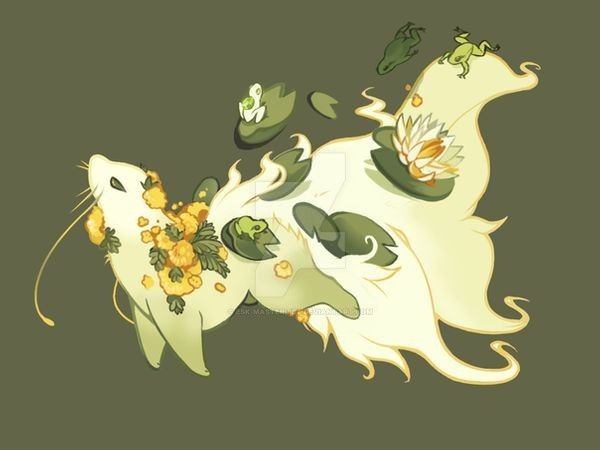 a cartoon image of a fantasy creature resembling an otter with various flora and fauna elements. the otterlike creature has light yellow fur with patches of green. yellow flowers adorn its front legs and chest, while lily pads and a blooming water lily grow on its back. two green frogs are perched on its tail, and a few more are around its head. the background is a muted olive green color.