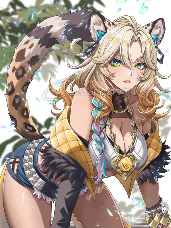 a woman with long blonde hair and cat ears is drawn in an anime style. she is wearing a yellow jacket, blue shorts, and a white top.  her hair is styled in a braid, and she is wearing a necklace with a gold pendant. the background is a blur of colors.