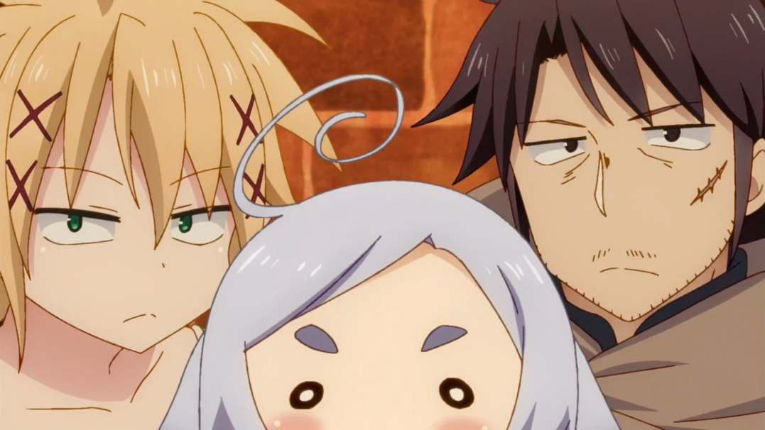 the image shows three anime characters. the first character is a young woman with long blond hair with a green eyes, her hair has crosses on her forehead. she is looking at the camera with a serious expression. the second character is a young man with dark hair. he has a beard and scar under his eye. he's looking at the camera with a tired expression. the third character is a young girl with long white hair. she is looking at the camera with a cute expression and blushing cheeks.