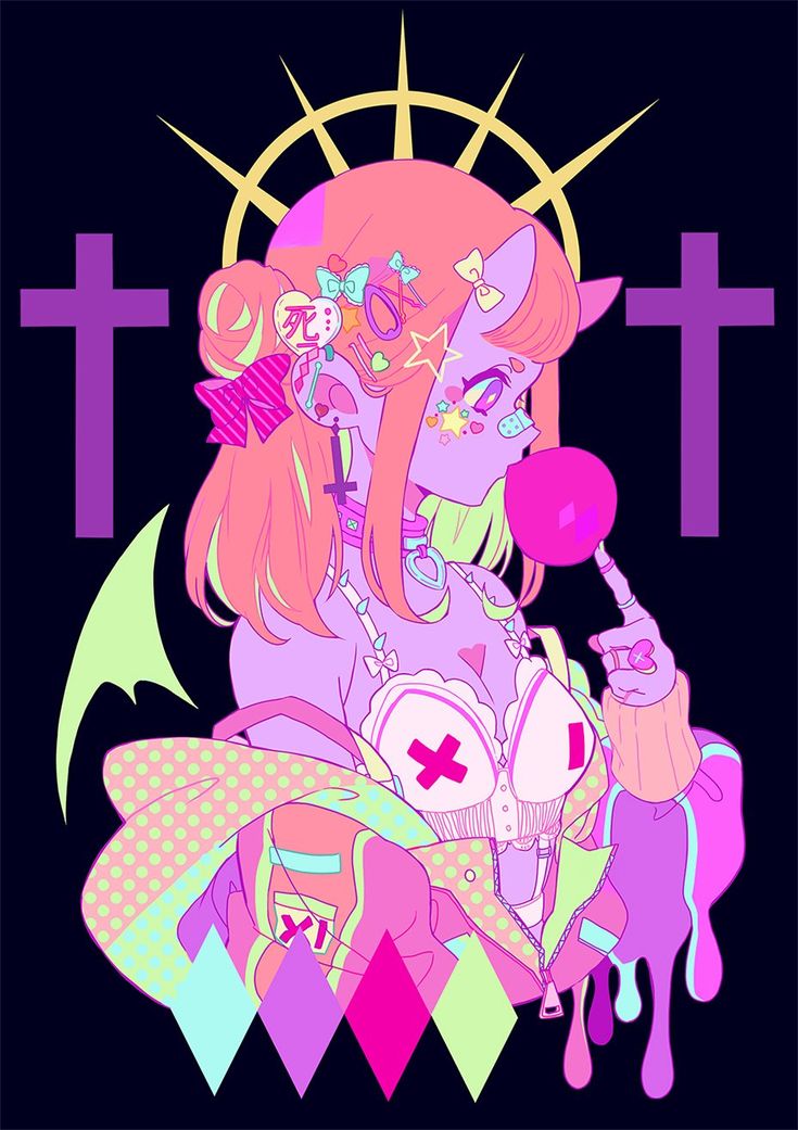 this is a digital illustration of a cute pastel goth girl with a candy lollipop. she has a cross earring, a devil tail, and a cross necklace. she's wearing a pink and white lace bra and a jacket. she has sticker patches and stars all over her face and her hair is pink with pastel green tips. she's standing in front of two large crosses and there are pink drips around her. the background is black and white, with pink diamonds and white polka dots.  the image is drawn in a cute and colorful style with a pastel color palette.