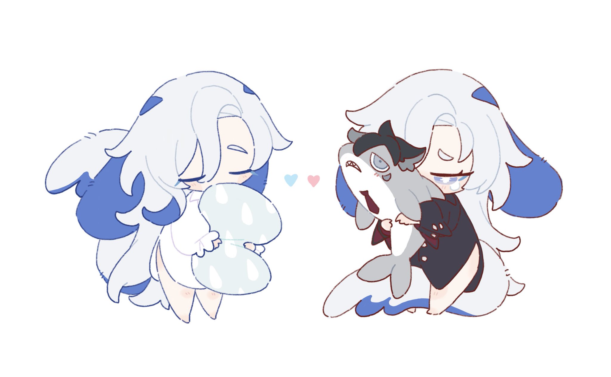 he image contains two cute chibistyle illustrations of a girl character with long white hair and blue accents.  on the left, the girl is hugging a light blue, teardropshaped plush. on the right, the same girl is shown hugging a small grey shark plush.  both illustrations are in a soft, pastel color palette, and small hearts are shown floating between them, suggesting a romantic or friendly connection between the two versions. the style is reminiscent of anime and manga character design.