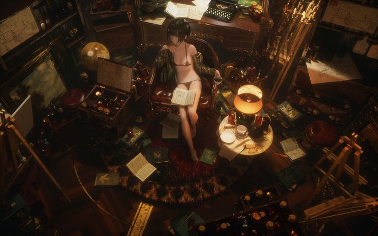 the image is a digital painting or 3d render depicting an animestyled woman with short dark hair sitting in a leather chair in a cluttered room. she's wearing a bikini top and bottom and is reading a book. the room is filled with books, antique furniture, art supplies, bottles, a globe, a typewriter, and other items, suggesting a study or library. the atmosphere is dark, moody, and mysterious, with warm lighting from a lamp adding to the fantasylike aesthetic. the overall style is highly detailed and intricate, with a focus on the atmospheric and narrative aspects.