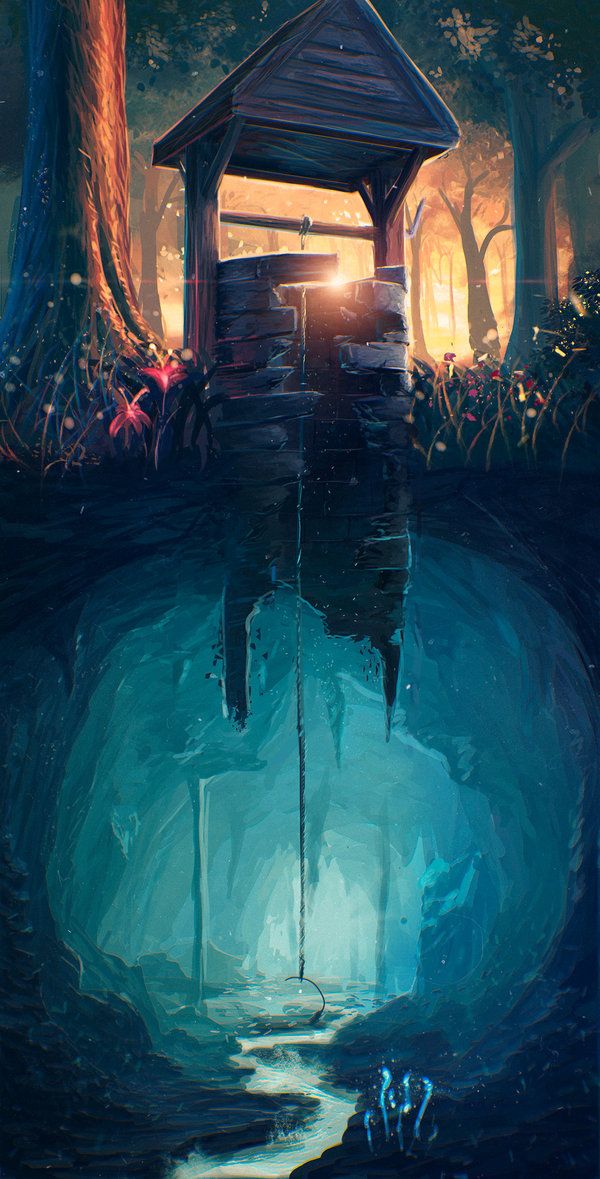 a digital painting of a wishing well in a forest. the well is made of stone and has a wooden roof. a rope and bucket hang inside. the lower half of the image shows the reflection of the well and a cave system underneath. there's a small stream running through the cave. the scene is lit by a magical blue light emanating from the cave.