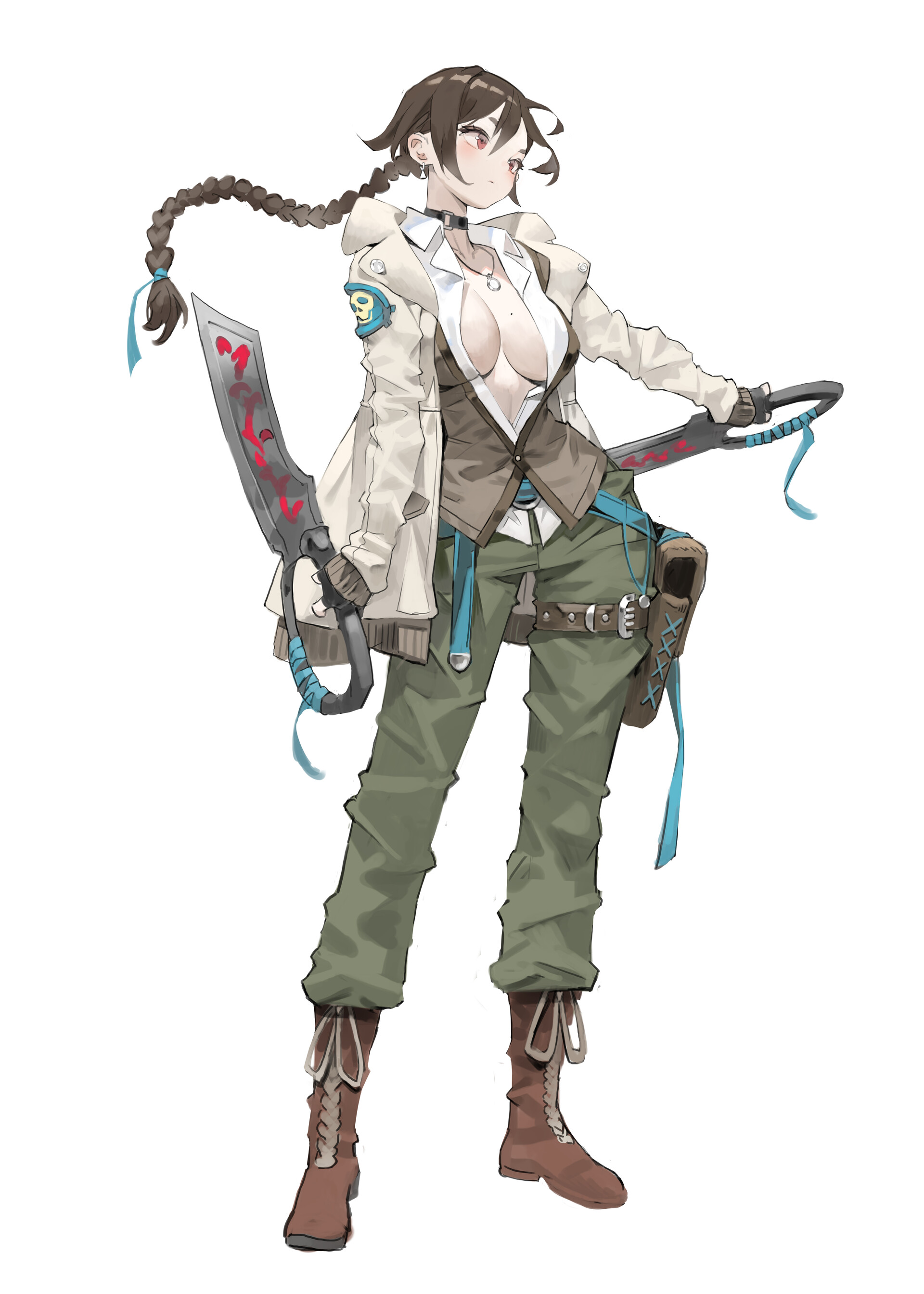 an anime character with long brown braided hair, red eyes, fair skin, and wearing a white collared shirt, brown vest, white jacket, green pants, and brown boots is standing and holding a sword. she has a holster and belt on her waist, wears a choker and silver pendant around her neck, and a patch on her jacket.