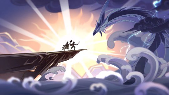 this image features a fantastical scene with a dragon in the sky, two people standing on a cliff with their backs to the dragon, and a powerful storm in the background. the sun shines brightly, casting a warm glow on the scene. the dragon is a mythical creature with large wings and a powerful presence. it is poised to attack the two people on the cliff. the people are shown in silhouette, but they appear to be preparing to defend themselves. the storm is raging in the sky, with thunderous clouds and bolts of lightning. the entire scene is filled with action and suspense, leaving the viewer wondering what will happen next.