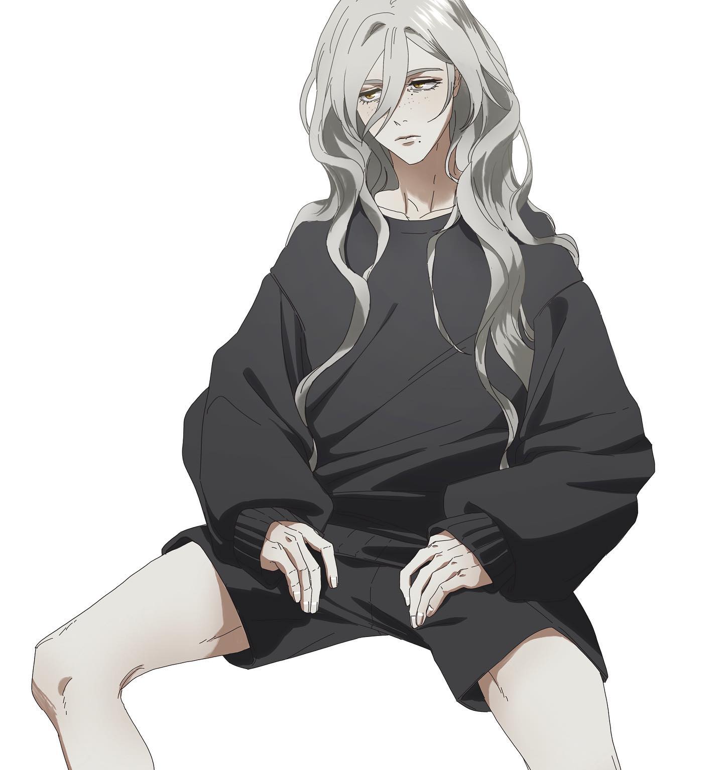 the image is a digital illustration of a young man with long white hair.  he is wearing a black sweatshirt and black shorts and is sitting with his knees up. the style of the illustration is similar to anime or cartoon.