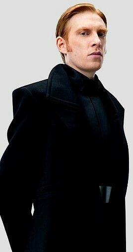 a medium shot of domhnall gleeson, a redhead man, wearing a black coat and a serious expression.