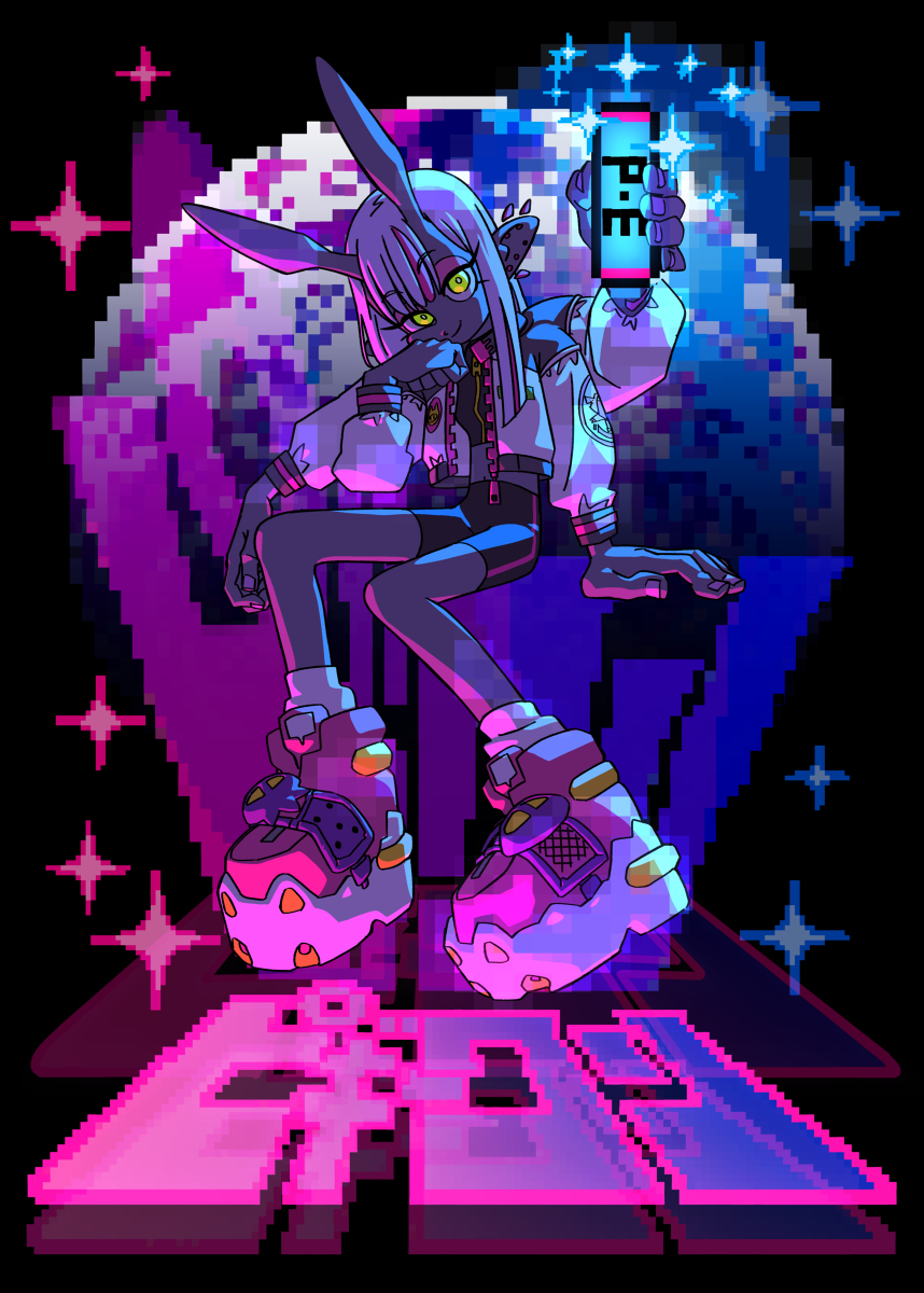 a stylish animeinspired character design featuring an elf girl with rabbitlike ears. she sports trendy streetwear attire and chunky sneakers, holding a vaporwavethemed energy drink against a vibrant, abstract background with japanese text and a pixelated aesthetic.