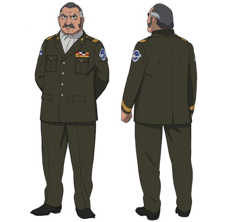 this is an illustration of a male character in a military uniform. he is standing in a front and back pose, giving viewers a full view of his attire. the uniform consists of a dark green jacket and pants with gold accents and a white shirt underneath. he also has a white scarf around his neck. he has a white beard and gray hair. he is wearing glasses with a black rim and has a black mustache. he is wearing black shoes. his outfit is adorned with military badges, including one on his left arm, which is a round insignia with blue, white, and red coloring. he has a hat with a badge that is partially obscured by his hair.