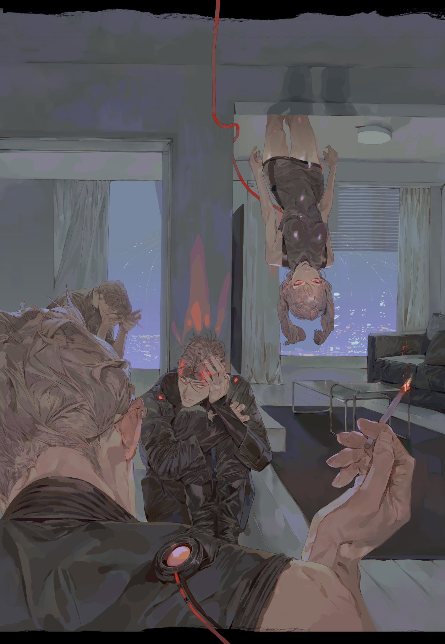 an illustration depicting a scene of despair and anxiety. the image is set in an apartment at night, with a cityscape visible through the windows. in the center of the room, a woman is suspended upside down from the ceiling by a red cord. three men are in the foreground, exhibiting signs of distress. one holds a lit cigarette, while the other two are slumped over with their heads in their hands. a red glow emanates from various points in the scene, including the woman's eyes and the men's headphones, adding to the unsettling atmosphere.