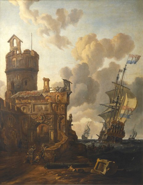the painting depicts a seascape with a ruined fort and ships at sea. in the foreground, there is a crumbling fort with a tower and an arched entrance. several figures are gathered near the base of the fort, and a cannon lies on the ground. the sea is visible in the background with several ships, including one displaying the dutch flag. the sky is filled with dramatic clouds. the overall scene conveys a sense of maritime activity and the decay of historical structures.