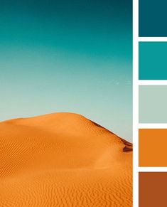 a large sand dune with a blue and teal color palette on the right side of the image. the color palette consists of four colors, starting with a dark blue, then a teal, a light gray, an orange, and finally a brown. the sand dune is in the foreground and the sky is in the background.