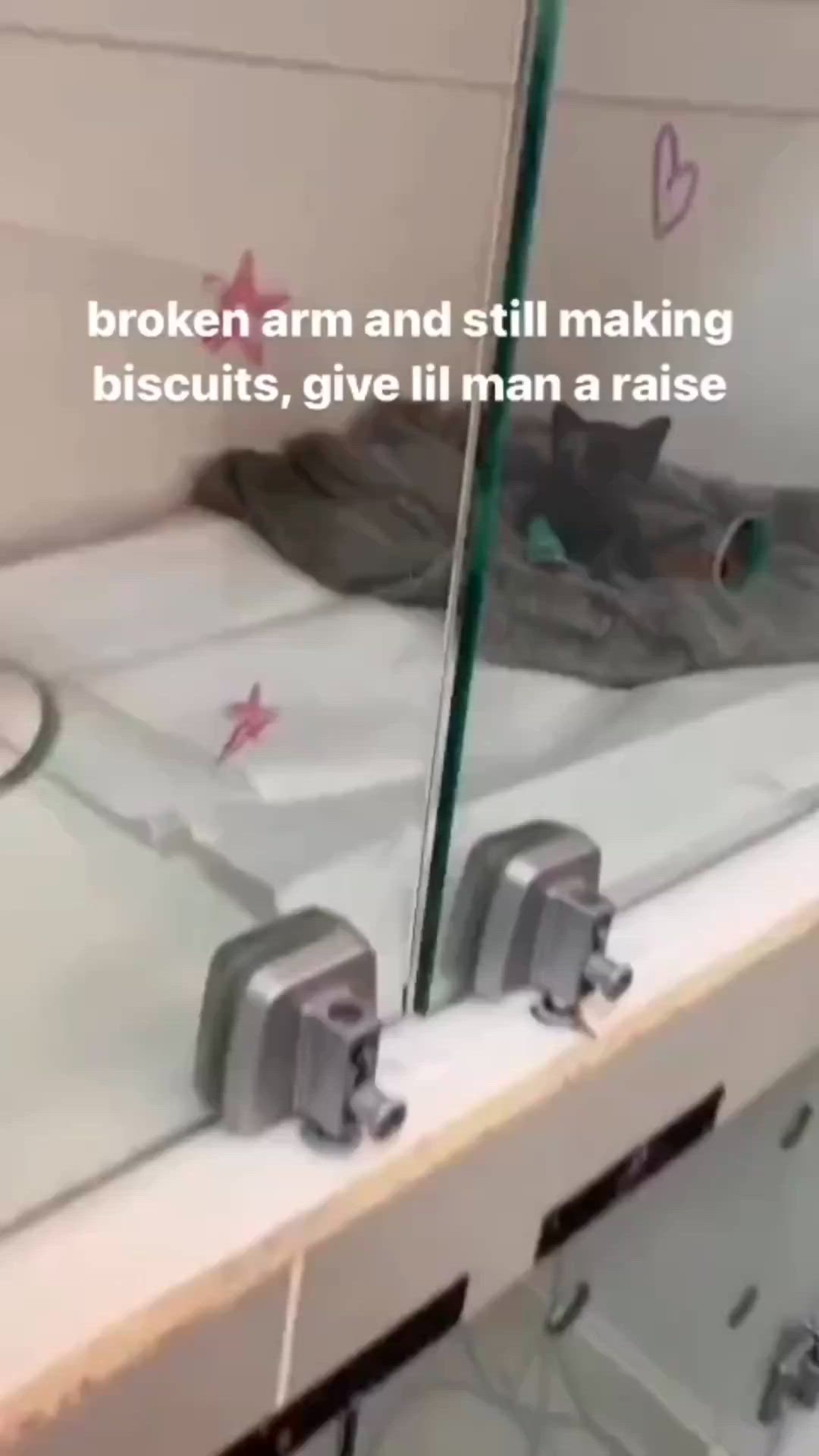 an image of a glass door with a metal handle. the handle is broken, and the door is slightly ajar. above the handle is a handwritten note that says, "broken arm and still making biscuits, give lil man a raise." the note is written in a black marker on a piece of white paper. the background of the image is a white counter top.