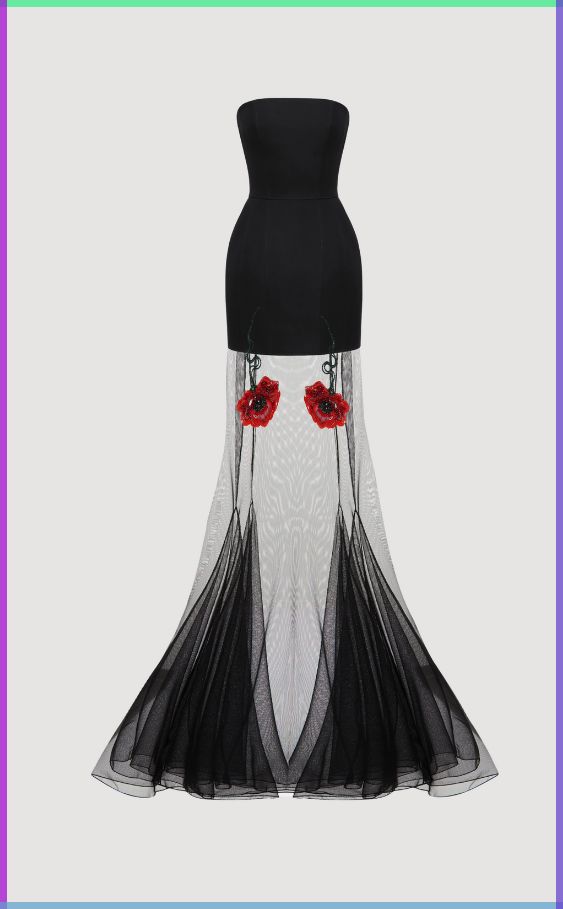 a strapless black dress with a formfitting bodice and a sheer, multilayered tulle skirt. the skirt features panels of white and black tulle, and is adorned with two red poppylike flowers at the top. the dress appears to be highfashion or couture.