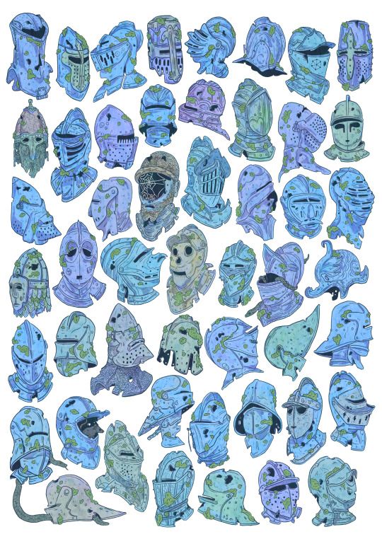 he image is a detailed illustration depicting a large collection of various damaged and weathered knight helmets.  the helmets are drawn in a style reminiscent of fantasy art, with a blue and green color palette suggesting age and decay. the helmets vary in design and level of damage, some are almost completely intact while others are fragmented or heavily rusted. they are arranged in a seemingly random but aesthetically pleasing pattern on a white background. the overall style is detailed and intricate, giving the impression of a historical or fantasy setting.