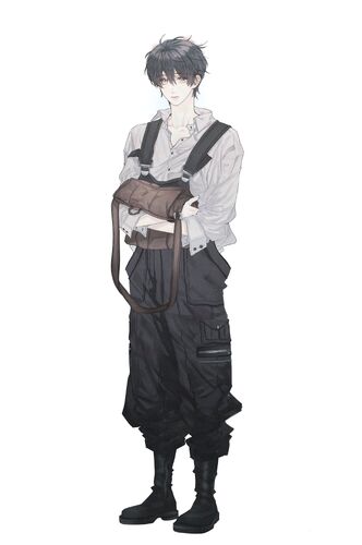 the image is an illustration of an animestyle boy. he has short, dark hair and is wearing a loosefitting, lightcolored shirt over dark pants with cargo pockets and boots. he also has a brown bag slung over his shoulder. his expression is neutral or serious. the style is somewhat muted in color, with greys and blacks dominating the palette.  the image is clean and welldefined, suggesting a character design or concept art.