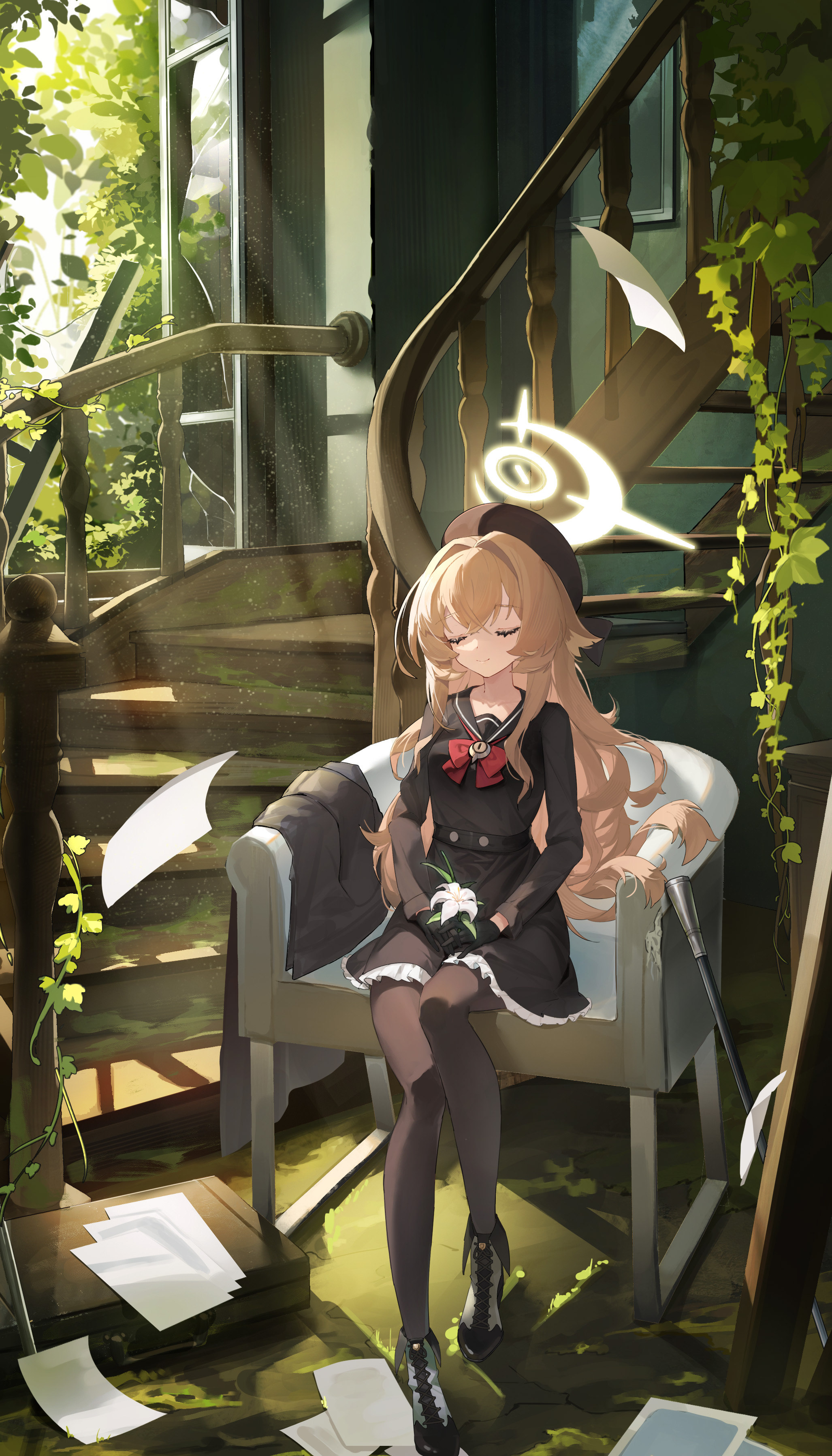 he image is a digital painting of an animestyle girl with long brown hair. she is wearing a black dress with a white collar, black tights, and black boots. she is sitting in an armchair in an old house with a broken window and ivy growing on the walls. there are papers scattered on the floor and sunlight is streaming through the window. the girl appears to be holding a small white flower. the overall style is reminiscent of manga or light novel illustrations, with a focus on soft colors and a slightly melancholic atmosphere.