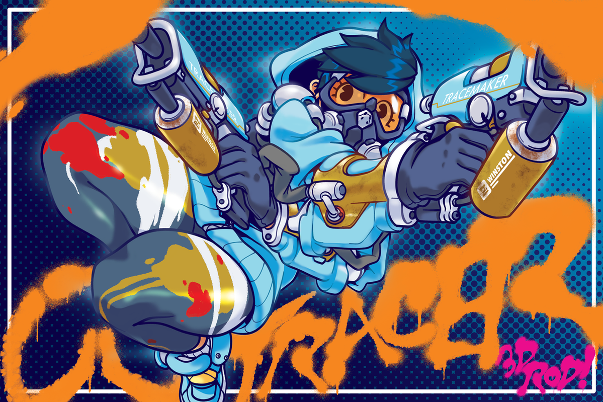 this is a colorful and dynamic illustration of tracer from the video game overwatch.  she is in a midair pose, spraying paint from her pulse pistols, which are both covered in graffiti and labelled with "winston" and "tracemaker".  the background is made up of a blue and orange spray paint pattern.  tracer's iconic blue hoodie, gold goggles and black gloves stand out against the bright color palette, while her hair is rendered in a vibrant teal. the art style is very stylized, reminiscent of a comic book.  there is a sense of action and energy in the image, as well as a fun and playful attitude. the image is overall very cool and eyecatching.