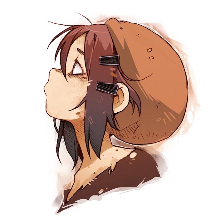 the image is a portrait of a young anime girl. she has short, messy brown hair and is wearing a brown beret. her clothes are tattered and dirty. she is looking up with a worried expression on her face. the background is white.