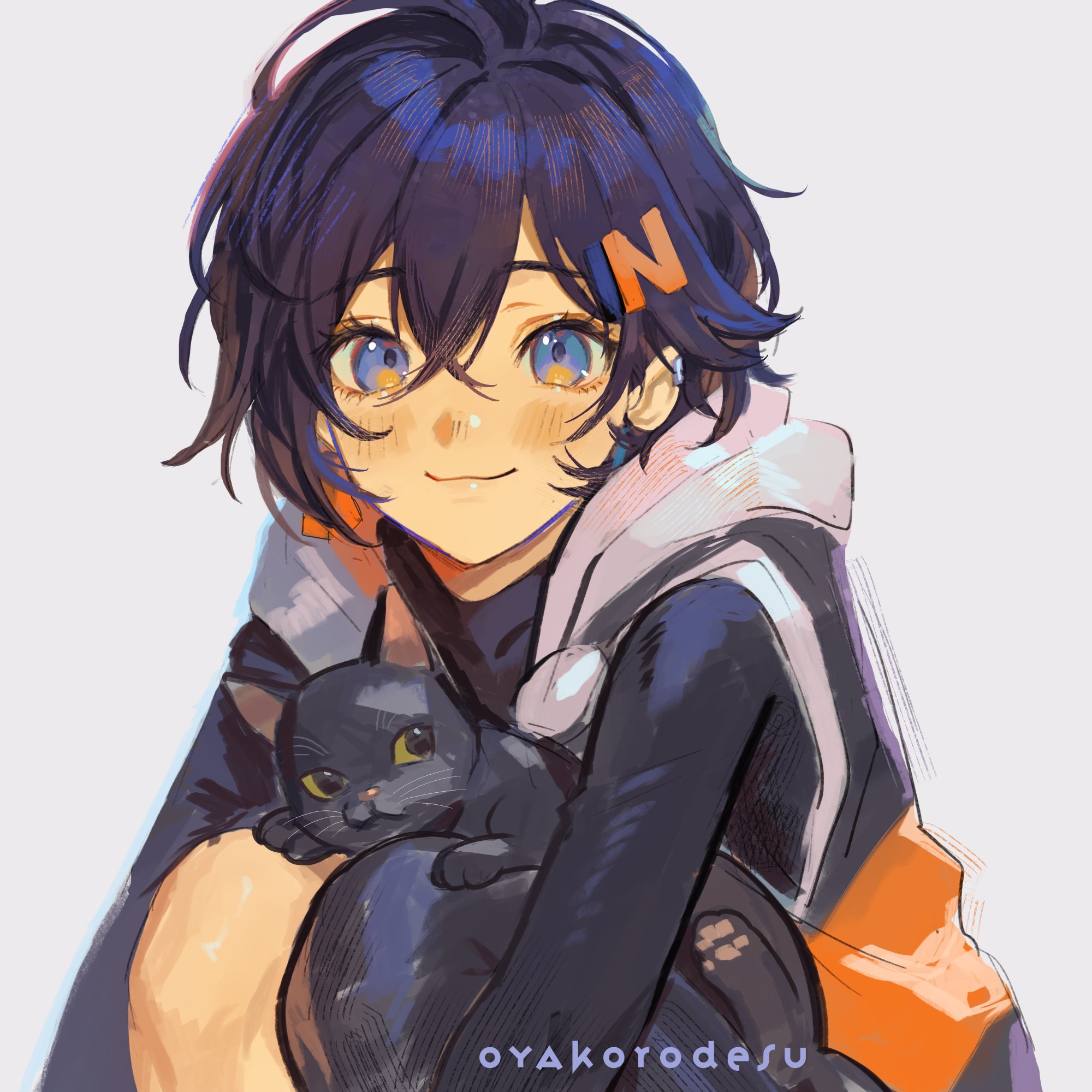 a young anime girl with blue hair and blue eyes is smiling and holding a black cat. she is wearing a white and orange hoodie and black jacket. the girl is sitting on the floor with her legs crossed. the cat is nestled in her arms. the background is a simple white.