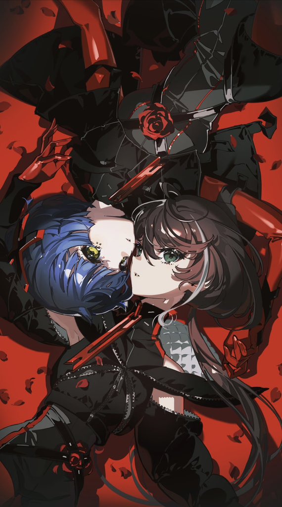 two girls lie close to each other on a red background. one girl has blue hair and yellow eyes, the other has black hair with a white streak and green eyes. they're both wearing dark outfits with red accents and roses. red rose petals surround them.