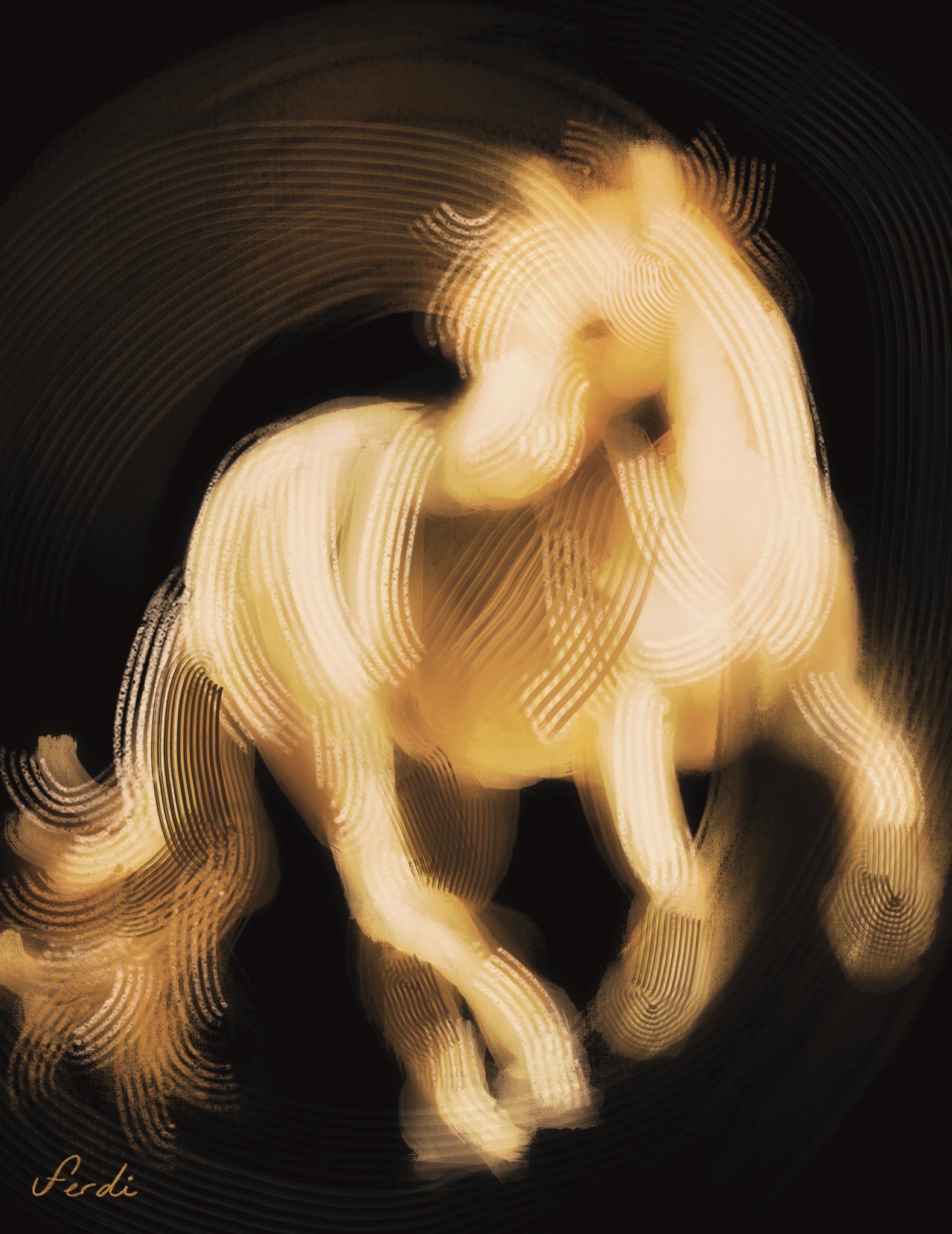 an abstract digital artwork depicting a running horse. the horse is rendered in golden tones with a blurred motion effect, created using curved lines. the background is dark, enhancing the luminosity of the horse. the artwork is signed "ferdi".