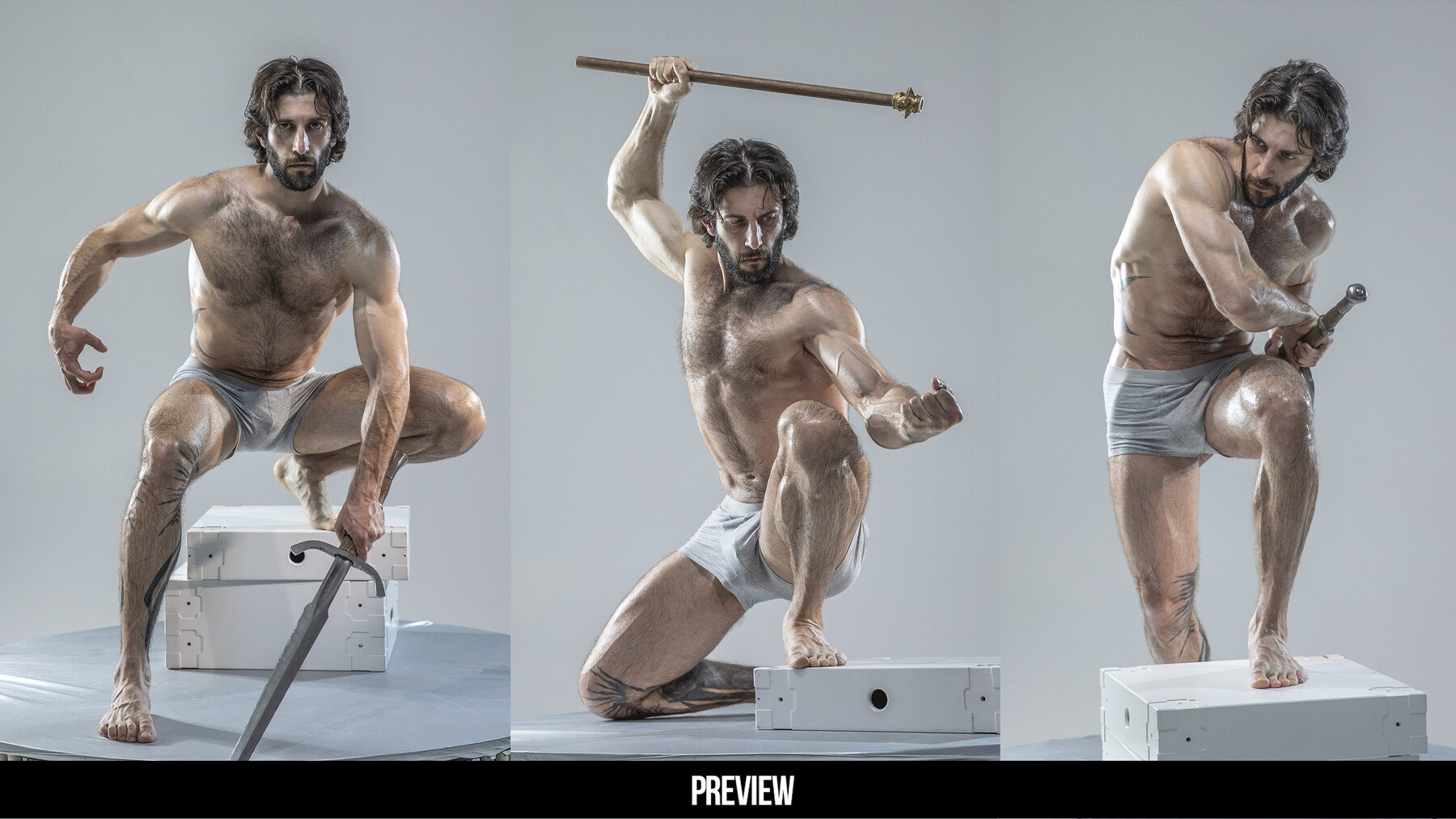 three images of the same man, each showing a different fighting pose with a sword. the man is muscular and shirtless, wearing only underwear, his poses are intense and powerful. the background is a simple white studio setting.