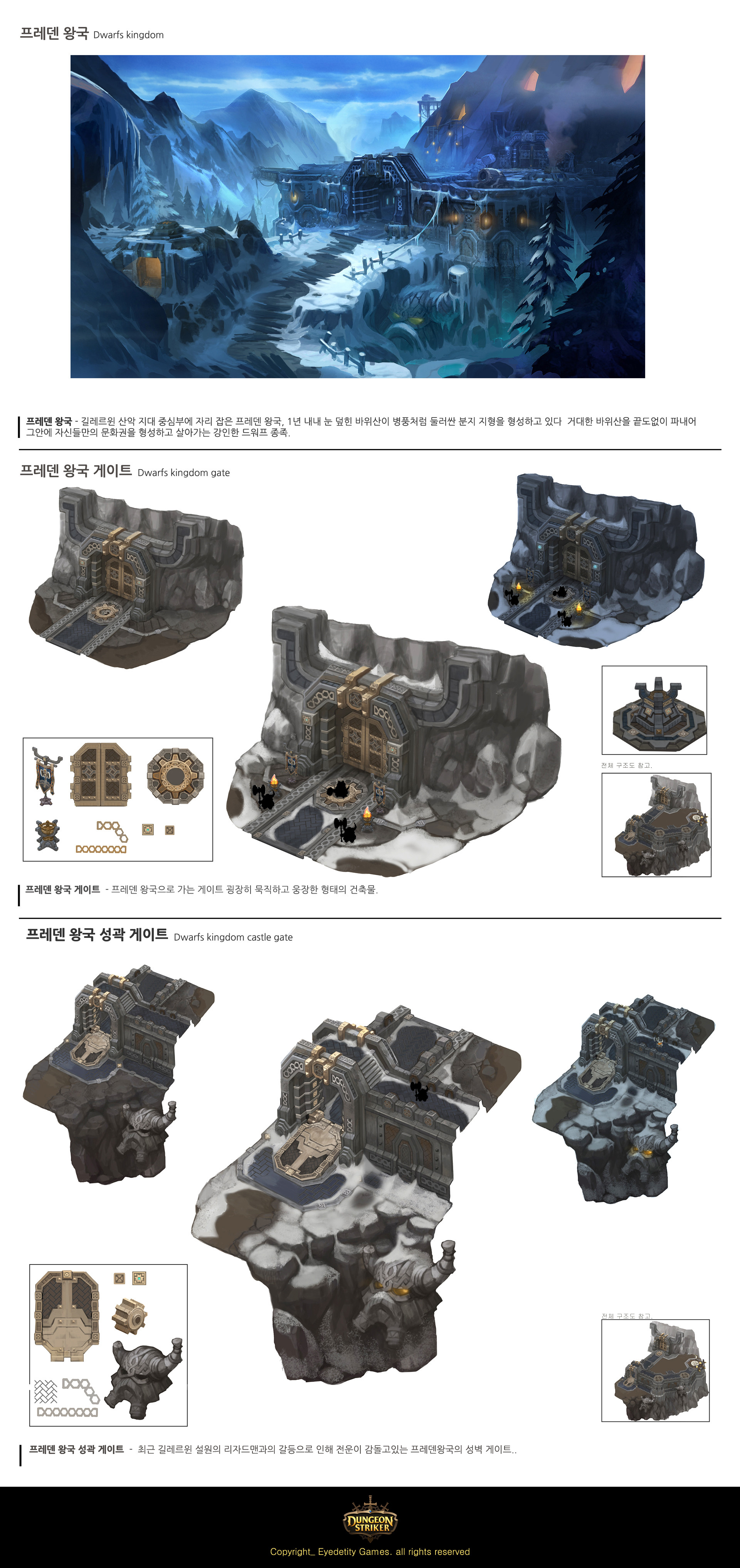 the image showcases concept art for a video game level, likely set in a dwarven kingdom. the primary focus is a heavily fortified gate nestled within a mountainous, snowy environment.  multiple perspectives and breakdowns of the gate's design are presented, highlighting the intricate stonework, banners, and overall imposing structure.  the color palette primarily consists of cool greys and blues, emphasizing the cold and unforgiving nature of the setting.