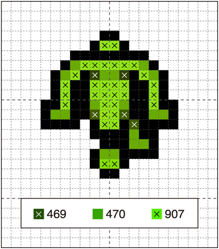 a pixel art image of a green umbrella, made up of green squares and black crosses. the image is on a white grid background.  the number of each color is indicated below.