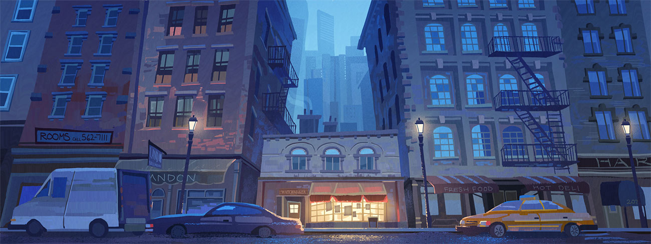 a digitally illustrated cityscape, featuring a night scene on a city street.  the buildings on both sides of the street are multistory and have windows, signs, and streetlights.  there are three vehicles on the street, including a white van, a dark sedan, and a yellow taxi cab.  the buildings are in a muted blue color, highlighting the nighttime atmosphere.