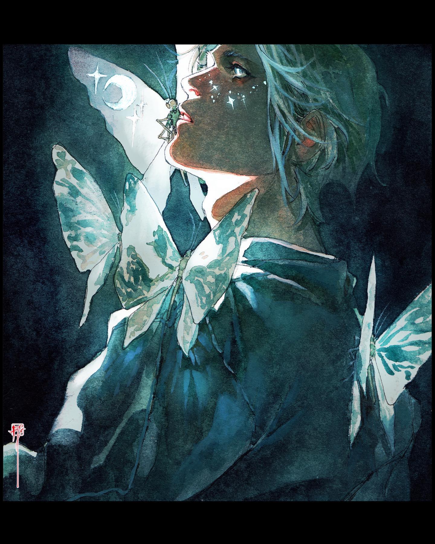 the artwork is a watercolor painting depicting a closeup portrait of an androgynous young person with long, lightcolored hair.  they have a serene yet somewhat mysterious expression. their face is adorned with small, glittering stars.  they are surrounded by large, luminous butterflies and moths with intricate wing details, rendered in shades of teal, blue, and green. the background is dark, suggesting night, with a crescent moon and stars faintly visible.  the overall atmosphere is ethereal and mystical, with a focus on the soft blending of colors and the delicate detail of both the person and the insects. the painting style is highly evocative and dreamlike. the individual appears to be wearing a dark, flowing robe or garment.  a small, insectlike figure is visible near one of the larger butterflies, adding to the fantastical nature of the scene.