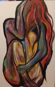 the image is an abstract painting of a woman sitting with her head down, arms around her knees, with a pained expression. it is painted in a style that suggests contemporary expressionism. the colors are vibrant and bold, with a sense of depth and movement. the overall feeling of the piece is one of sadness, loneliness, and introspection. the figure's pose and the way the colors are applied create a sense of vulnerability and isolation.
