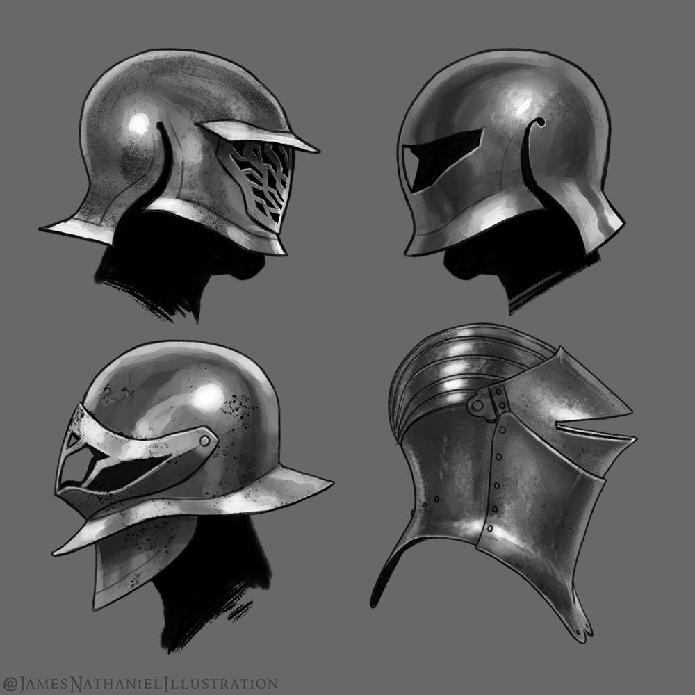 the image showcases four distinct designs of knight helmets rendered in grayscale. each helmet is presented in profile view, highlighting their unique shapes, features, and potential for protection in battle. the artist's use of light and shadow emphasizes the metallic texture and solidity of the helmets.