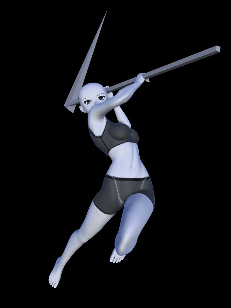 a 3d render of an anime woman character with blueish gray skin wearing a black sports bra and black shorts. she's holding a gray weapon and is leaping with a dynamic pose.
