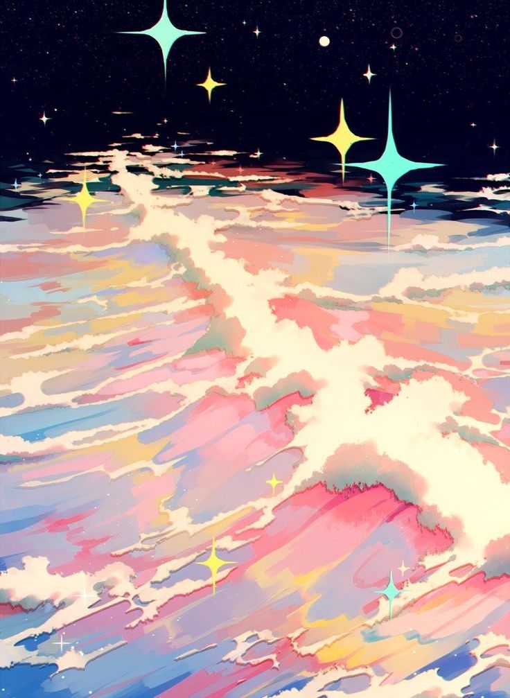 the image is a digital painting or illustration that depicts a dreamy, fantastical scene.  it features a vast expanse of pastelcolored clouds that resemble both waves and a sky, interwoven with a path of brighter, almost white clouds running through it.  scattered across the scene are various brightly colored, stylized stars. the overall color palette is soft and pastel, dominated by pinks, blues, purples, and yellows, creating an ethereal and magical atmosphere. the style is reminiscent of whimsical, dreamy art.