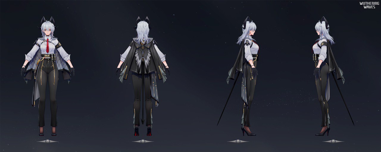 the image shows a character design sheet for a female anime character from wuthering waves. she has gray hair, small black horns, and is wearing a white collared shirt with a red tie. she has black pants with gold accents, black heels, and black gloves. she has a dark cape with details on the edges. the image presents four different views of the character: front, back, and two side views.