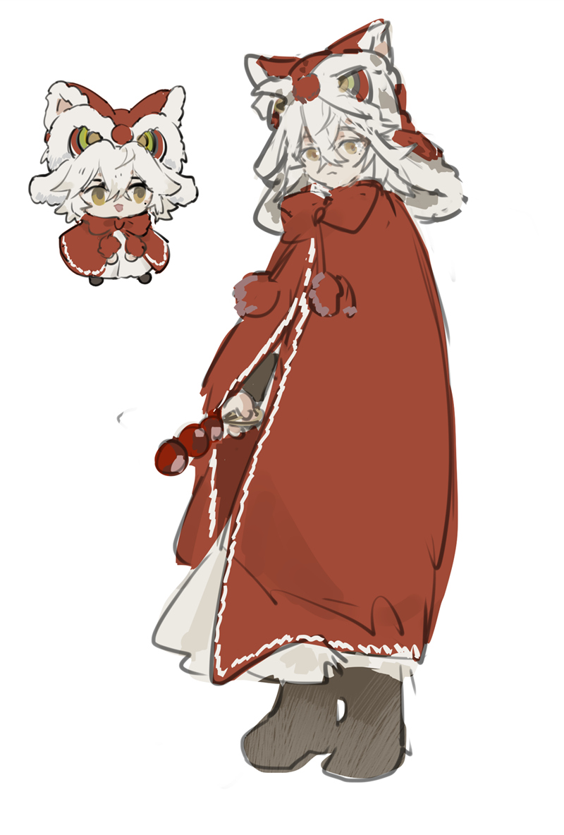 this is a digital illustration of an anime girl character in a red cape with white fur trimming and hood. the character is wearing a white shirt and grey pants. the girl is holding a red stick and is shown in two different sizes with the larger version to the right. the illustration is done in a cute and whimsical style.