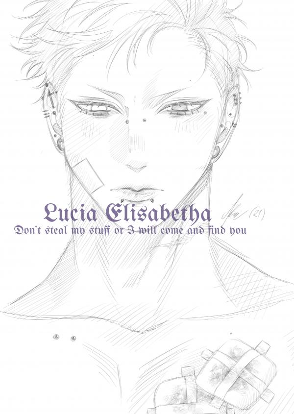 this is a mangastyle drawing of a young man. the man is drawn in a realistic style, with sharp features and a strong jawline.  he is wearing a bandaid on his cheek and has many piercings.  the man looks directly at the viewer, and his expression is stern and serious. the man is missing his shirt, and there is a large bandage over his upper chest, hinting at injuries.