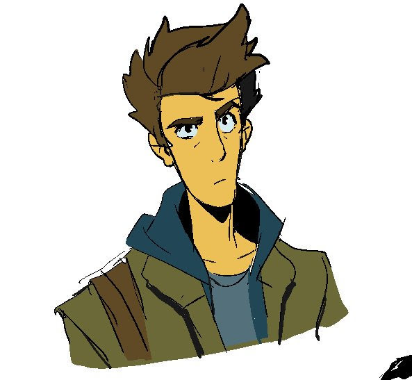 a cartoon drawing of a young man in a green jacket and blue shirt, with brown hair and blue eyes. he is looking away from the viewer with a serious expression.  the artwork is in a digital, comic style with a bit of an anime feel.