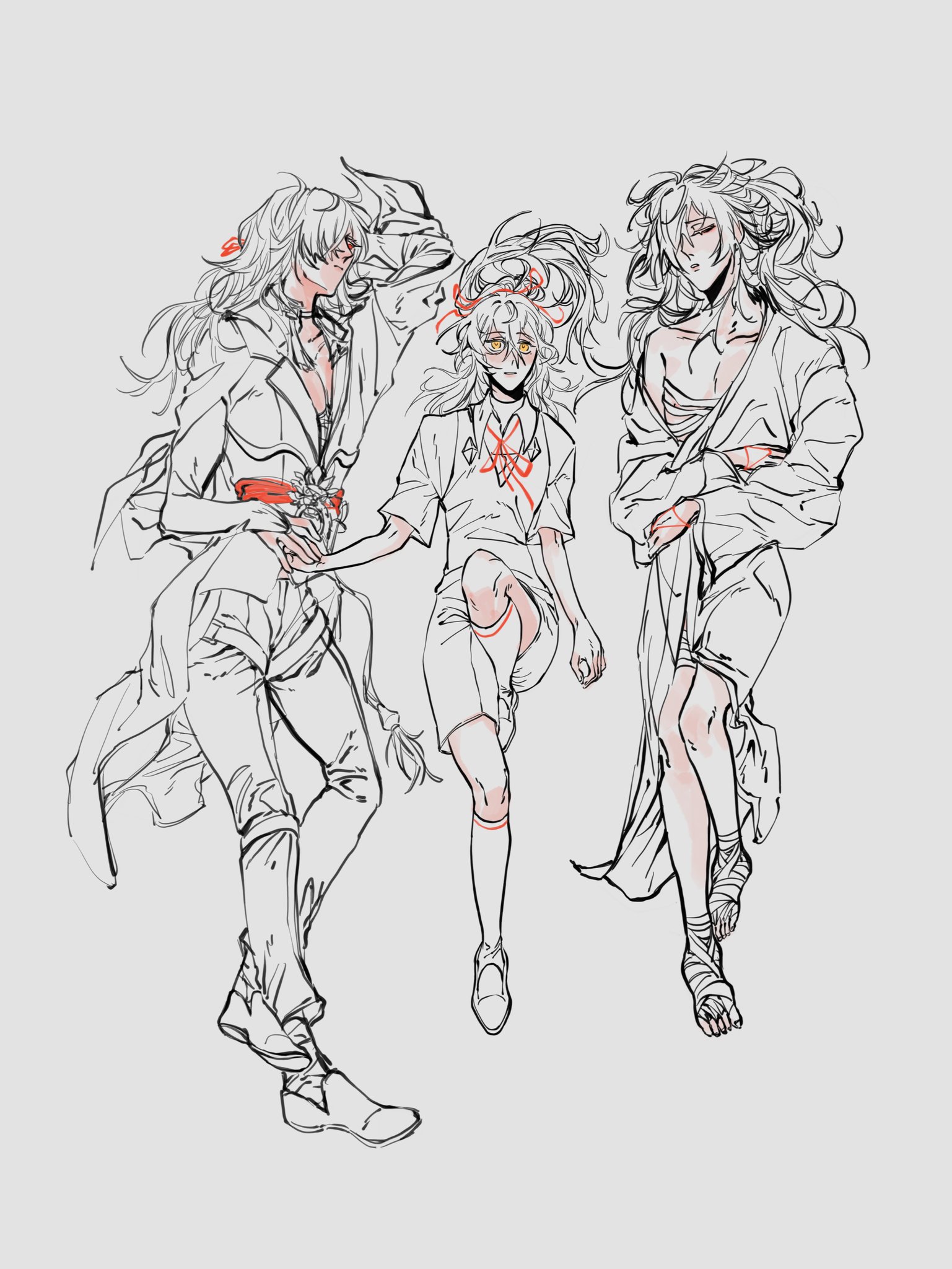 a black and white sketch of three people standing together. two of them are male and one is female. the male on the left is dressed in a long coat and pants, while the other male is in a loose robe. the woman is wearing a shirt and shorts. they all have long hair. the sketch is done in a simple style with just lines and no shading.
