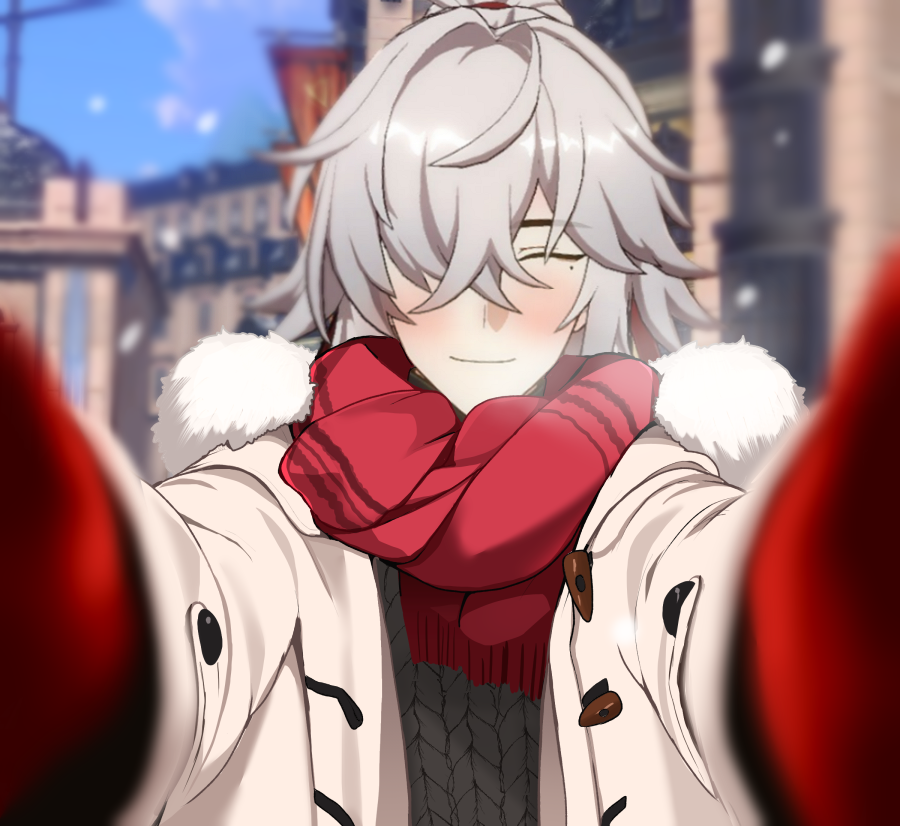 an anime character, a young man with white hair, is taking a selfie in a snowy city. he is wearing a white coat, a red scarf, and a warm smile on his face.  the snow is falling around him and the city lights sparkle in the background.
