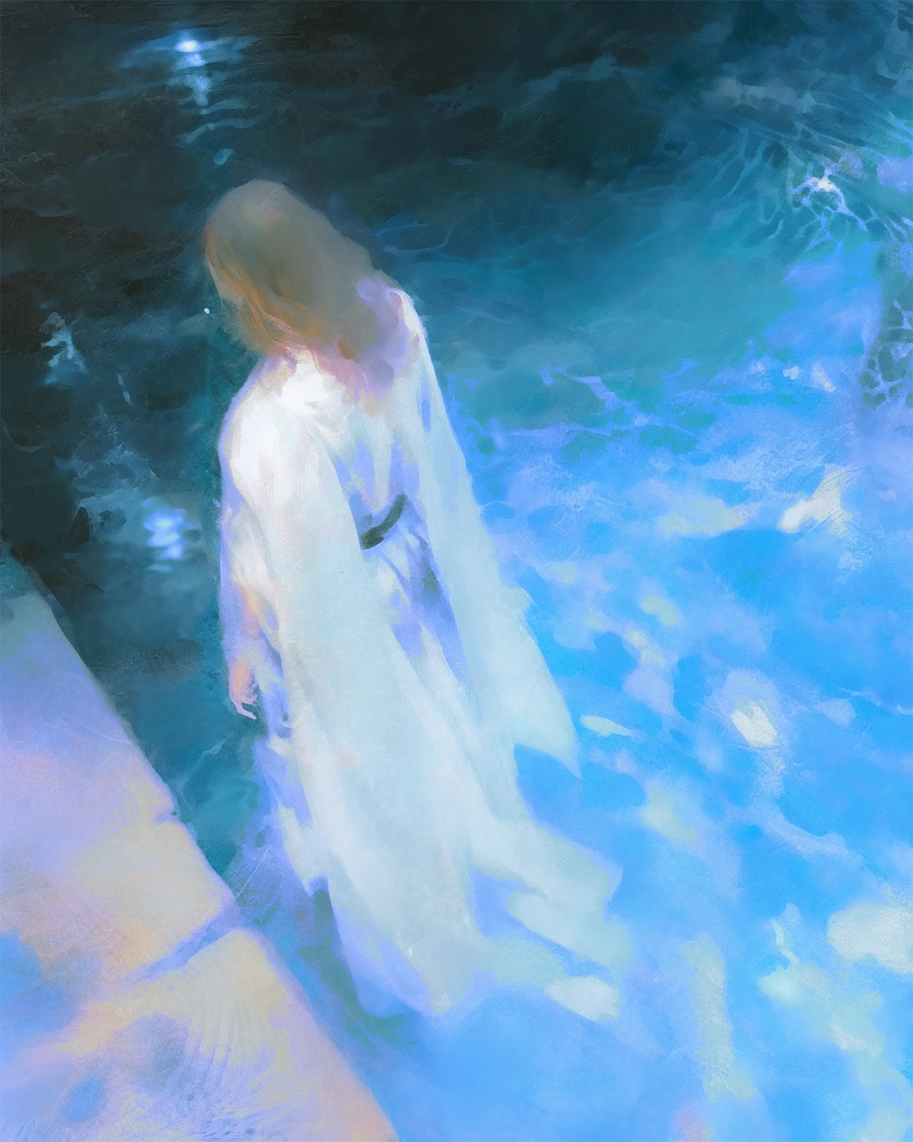 a woman in a white dress stands in the water with her back to the viewer. she is looking towards the horizon, and the water is a beautiful blue and green color. there are clouds in the sky, and the sun is setting in the distance. the overall effect is one of peace and tranquility.
