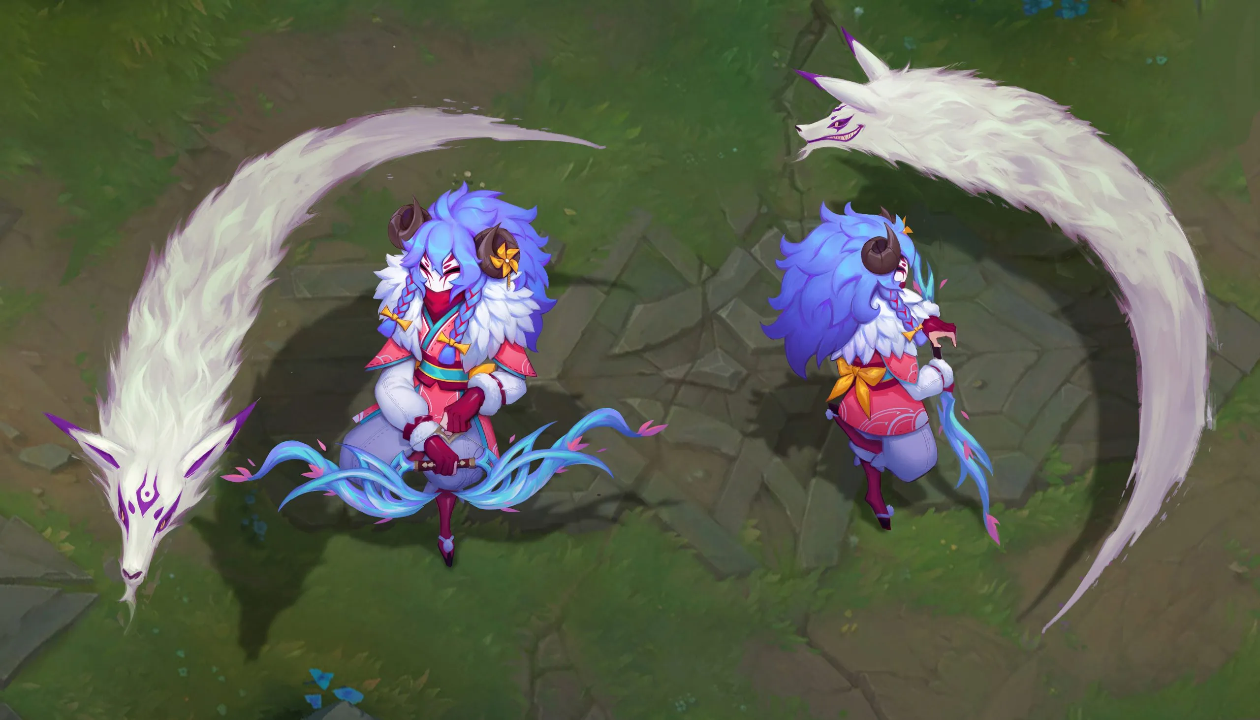 the image showcases artwork of lillia's spirit blossom skin from league of legends.  the artwork depicts lillia in two poses, a frontfacing view and a side view, showing off her design featuring blue hair, a white fluffy collar, and a pink and white kimonoinspired outfit.  she's also surrounded by ethereal, flowing blue and white energy and two forms of a white fox spirit; one is curved above and behind her, the other is below her. the style is reminiscent of anime and fantasy art, using vibrant colors and detailed rendering. the image looks like a promotional piece or ingame asset, showcasing the skin's design.