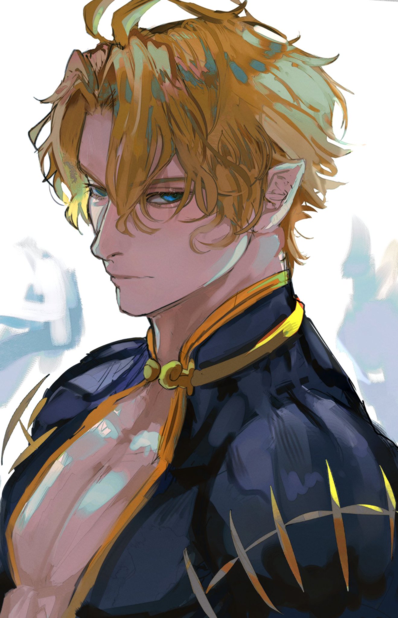 this digital art illustration depicts a handsome anime character with blonde hair and blue eyes. he is wearing a black and gold outfit with a golden collar and a decorative pattern. the character's expression is serious, and his eyes are focused on something offscreen. the background is a soft, light blue, creating a sense of mystery and intrigue. the image is beautifully rendered, with attention to detail in the character's features and the intricate patterns of the clothing. the overall tone of the illustration is cool and elegant.