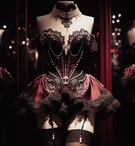 this image showcases a stunning, intricately detailed corset displayed on a mannequin. the corset, crafted in rich burgundy and black, features delicate lace, elaborate beading, and a sweetheart neckline. pearl accents adorn the garment, adding a touch of elegance. the mannequin is positioned in a dimly lit environment, possibly a boutique or museum display, with strategic lighting