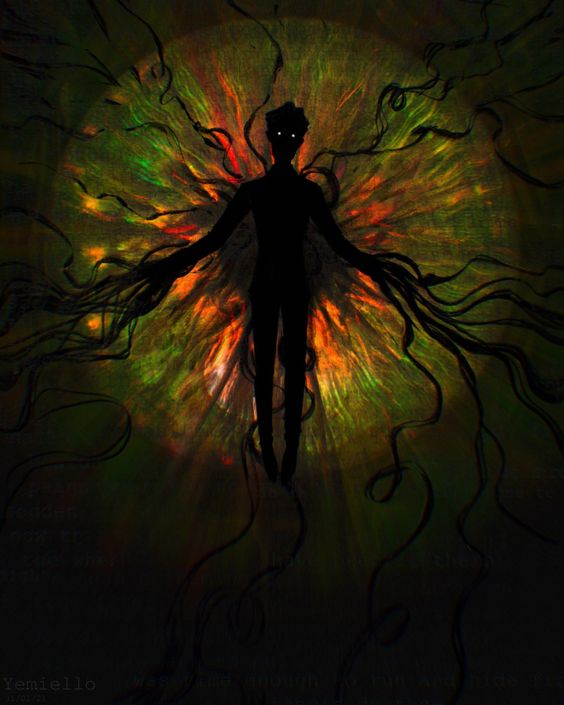 the image features a silhouetted figure at the center, arms outstretched, surrounded by tendrils of energy that emanate outwards in a circular pattern. the energy is a mix of green, yellow, and orange hues, contrasting sharply with the otherwise dark background. the figure appears to be suspended in midair, with the energy radiating from behind.